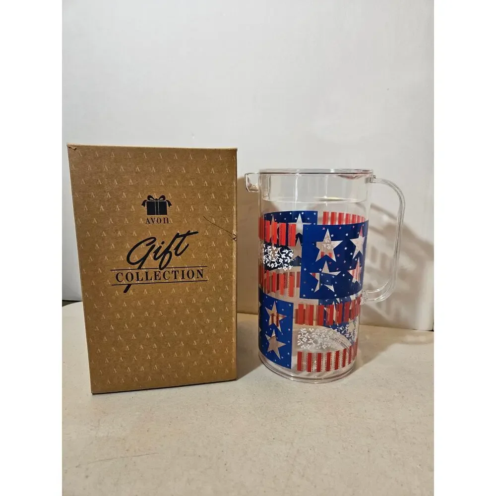 Vintage Avon Star Spangled Covered Pitcher w Lid Patriotic Red White Blue Box